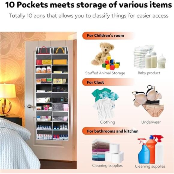 Over the Door Organizer 5 Tiers,Extra Large Behind Door Storage of 10Compartment - Picture 5 of 7
